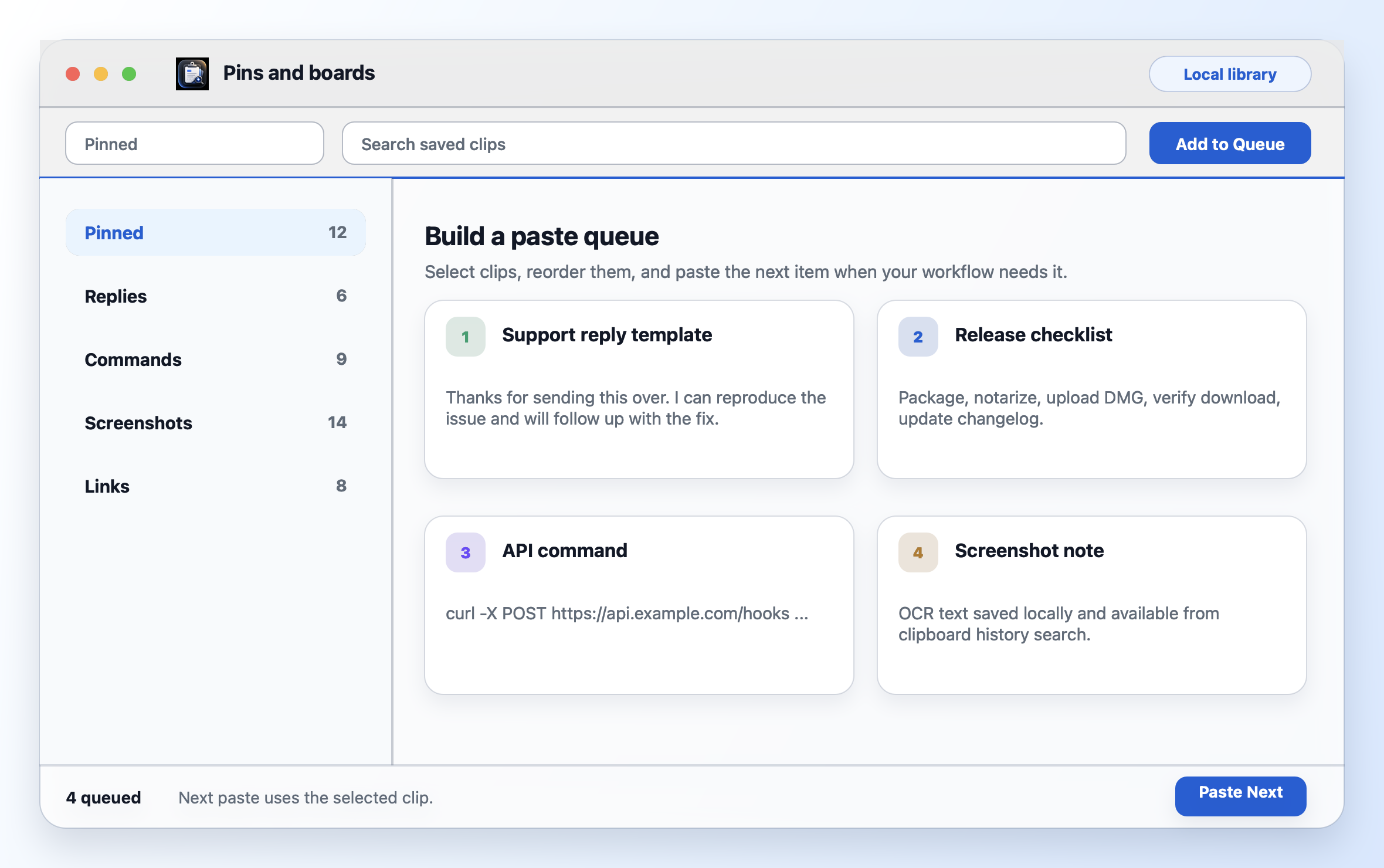 Copst pins and boards screenshot showing saved clips organized into boards and a paste queue.